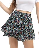 Hosenrock Damen Sommer Kurz Süßer Stufenrock Freizeit A-Linie Boho Blumen Rock Hoher Taille Rüschen Minirock