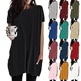 Longshirt Damen Lang Shirt Kurzarm Rundhals Oberteil Einfarbig Casual Lose T-Shirt Tunika Tops mit Taschen Elegant Kurzarmshirt Tshirt Lässig Rundkragen Oversize Blusen Tuniken