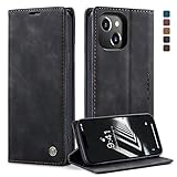 owlhold Hülle iPhone 14 Plus klapphülle Premium Lederhülle Weiches Vintage-Nubukleder Faltbare Ständer Schutzhülle Kartenfach Standfunktion stoßfest Handyhülle iPhone 14 Plus -Schwarz