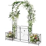 COSTWAY Rosenbogen mit Tür, Gartenbogen Metall, Torbogen mit 2 Pflanzgefäßen, Rankbogen für Kletterpflanzen, Rankhilfe Rankgitter Rosenspalier, für Hochzeit Partys Garten, 202x50x220cm, Schwarz