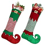 Mineup Elfen-Weihnachtsstrümpfe, 2 Stück Nikolausstiefel zum Befüllen, Filz Nikolaus Strumpf Rot Grün Gestreift, Christmas Stockings Personalized für Kamin, Schaufenster, Weihnachtsbaum (56 x 18 cm)