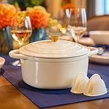 Nilpferd Gusseisen Topf Schmortopf 22cm Emaille Bräter mit Deckel Topflappen, Kasserollen Bratentopf brot backen für Backen Schmoren Braten Incl.1 Paar Silikon Ofenhandschuhe (Cremeweiß,3L)
