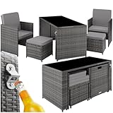 tectake Poly Rattan Sitzgruppe, 5- teiliges Lounge Gartenmöbel Set mit Tisch, Sessel & Hocker, Essgruppe für bis zu 4 Personen, Garten und Balkon Möbel inkl. Polster - grau