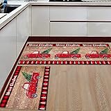 BestLives Küchenteppich-Set, Weihnachtsmotiv, roter LKW mit Baum, 2-teilig, rutschfeste Matte, Schneeflocke, Holzmaserung, Fußmatte, Teppich-Set, saugfähig, Badboden 50,8 x 61 cm + 50,8 x 121,9 cm