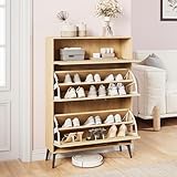 Lodera Schuhschrank aus Rattan mit 2 Klapptüren und Kommode, verstellbares Regal mit Regalen und Türen aus Holz und Rattan, schmales Schuhregal für Eingangsbereich, Flur, 140 x 80 x 23 cm