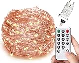 Gresonic 200/300er LED Mikro Kupferdraht Lichterkette Strombetrieb Deko für Innen Außen Warmweiß (Kupferdraht Warmweiß 8 Modi Timer Dimmbar, 300LED)
