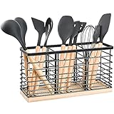 GYBOOM Utensilienhalter für Küchentheke, Küchenarbeitsplatte Utensil Organizer, große schwarze Edelstahl Utensil Schale mit hölzernen Basis, 3 Fächer Küchenutensilien Caddy für moderne Haus (Drei)