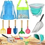 Mototo 9-teiliges Strand-Sandsieb-Spielzeug-Set, Haifischzahnsieb, Strand-Mesh-Schaufel mit Muscheltaschen, zusammenklappbarer Strandeimer für Muscheln, Sammeln von Haifischzahn-Spiel-Spielzeug