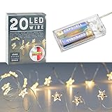 Cepewa Mikro Draht Lichterkette Stern warmweiß silber Batterie Deko Beleuchtung Weihnachten Timer (1 x 20 LED Stern Mikro-Draht Lichterkette 220cm)