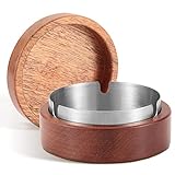 Aschenbecher mit Deckel, Hölzern Aschenbecher für Draussen Innen, Winddichter Geruchssicherer Aschenbecher mit Edelstahleinsatz, Desktop-Aschenbecher Ashtray Gartenbar für Home Office Balkon Partys