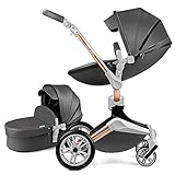 Hot Mom Kinderwagen 2in1 mit 360° Drehfunktion, kombikinderwagen mit Babywanne/Sportwagen, PU-Reifen & Kunstleder-Sitz (Dunkelgrau)