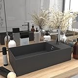 LAPOOH Badezimmer-Waschbecken mit Überlauf, Aufsatzwaschbecken, Bathroom Sink, Waschtisch, Ablaufgarnitur, Aufsatzbecken, Keramik Dunkelgrau