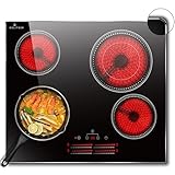DELITEER Glaskeramikkochfeld 4 Platten mit Rahmen, Kochfeld Einbau 60cm, 6600W, Individuelle Touch-Steuerung für Separate Heizzonen, Flexible Doppelzone, Herdplatte 4 Kochfelder, Kein Stecker, 240V