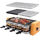 Syntrox Raclette-Grill Set Lugaro, Tischgrill, 1200Watt für 8 Personen, Party-Raclette Set Lugano mit Wechselplatten, 10kg, Edelstahl, Multifunktional, Steaks, Fisch, gegrilltes Gemüse
