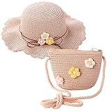 Strohhut und Kleine Tasche Set, Mädchen Kinder Sommer Sonnenhut Sonnenhüte mit Blumendekoration für den Urlaub Reise Outdoor-Aktivitäten Reisehut Sonnenhut für den Urlaub Reise (A-Pink)