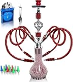 Shisha Komplettset mit 4 Schläuchen, 22'' Großes Shisha Kit für bis zu 4 Personen mit allem inklusive, Keramikschüssel | Premium-Schlauch| Schöne Glasvase (Rot GR1)
