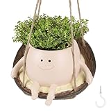 Zocipro Hängetopf für Pflanzen, Hängetöpfe Outdoor Mit Schaukel Und Smile-Gesicht, Blumentopf Hängend, Harz Pflanzgefäße für Draussen Innen,Blumenampel Hängend für Sukkulenten Blumen