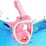 SQAQS Kinderschnorchelmaske, Atemschutz-Design, 180° Panoramablick Vollgesicht Tauchmaske Freie Atmung Schnorchelmaske, Geeignet für Anfänger Schwimmer im Alter von 3-8 (Haipulver)