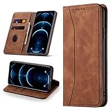 Leaisan Handyhülle, Hülle Premium Leder Flip Klappbare Stoßfeste Magnetische [Standfunktion] [Kartenfächern] Schutzhülle für iPhone 12/iPhone 12 Pro Tasche - Braun