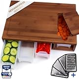 𝐀𝐜𝐨𝐥𝐲𝐧𝐞® XXL Schneidebrett mit 4x Auffangschale & Abwurfschacht KARBONISIERTEN BAMBUS - Profi Schneidebrett Holz inkl 4x Schäler-Aufsatz - Holzbrett Küche, Frankfurter Brett, Cutting Board Wood