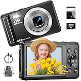 4K Digitalkamera mit 32 GB TF-Karte 64 MP Autofokus Fotoapparat mit 16X Digitalzoom Tragbar Kompaktkamera mit wiederaufladbare1200mAh Batterie, USB-Kabel, für Teenager Erwachsene Anfänger