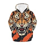 QWEFVB Jungen Kapuzenpullover mit Tierdruck, Reißverschluss, mit Tasche, weich, für Schule, Alltag, Spaß, Grafik-Hoodie, Roter Tiger, XL