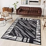 TAPISO Dream Teppich Wohnzimmer Modern Kurzflor Grau Creme Schwarz Afrika Zebra Bordüre Meliert Gästezimmer Schlafzimmer ÖKOTEX 160 x 230 cm