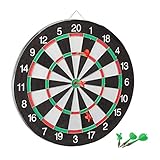 Relaxdays Dartscheibe Board X1 mit Pfeilen, 43 cm, 6 x Pfeile, zweiseitig, Steeldarts, Dartboard klassisch, schwarz-weiß