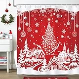 COZZSNUGE Duschvorhang 180 x 180 cm Rot Weihnachten, Weihnachtsbaum Haus Schneeflocken Winter Duschvorhänge Anti-schimmel Wasserdicht Polyester Stoff Badvorhang mit 12 Duschvorhangringen
