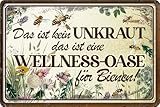 LUCKYLINDE - Wetterfestes Blechschild, Gartenschild – Hinweis: Kein Unkraut, Wellness Oase für Bienen – lustiger Spruch, 20 x 30 cm