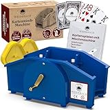 Weidebach® Blaue Kartenmischmaschine mit Goldener Kurbel für alle Standard Kartenspiele, Kartenmischer mit 2X Kartenspielen & Ersatzkurbel, Karten Mischgerät mit Buch für lustige Spieleabende