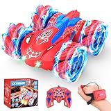 Qryselen Ferngesteuertes Auto, 2,4 GHz, RC-Autos mit LED-Leuchten, doppelseitiges Offroad-360°-Rollen, wiederaufladbares 4WD-RC-Stunt-Auto, Indoor-Outdoor-Spielzeug für Kinder von 6–13 Jahren (Rot)