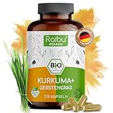 BIO Kurkuma Gerstengras Kapseln hochdosiert (270 x 700 mg) - In Deutschland produziert - Gerstengras Kurkuma Kapseln Hochdosierte - im Verhältnis 2:1 - Vegan & Ohne Zusätze - Raibu