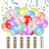 Livdouyu 6 Rollen Papierschlangen, Luftschlangen Regenbogen und Silber Metallic, 40 Stück Luftballons Bunt, Konfetti-Luftballons, 12 Zoll Latexballons Deko für Mädchen und Jungen, Geburtstag, Hochzeit