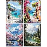 WEMEON 4 Stück Malen Nach Zahlen Erwachsene(30X40cm)- Landschaft Malen nach Zahlen, Malen Nach Zahlen Kit mit 12 Pinseln, Acrylfarben Handgemalt Ölgemälde Leinwand für Home Decor, Ohne Rahmen