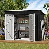 Amopatio Gerätehaus, Gartenhaus mit Pultdach, Geräteschuppen 228x109x182 cm (BxTxH), Gartenhaus Metall mit Tür, Verzinkte Gartenhülle Metall-Schuppen mit Fundamentrahmen, Schwarz