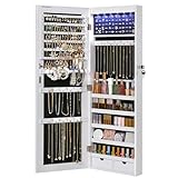 SONGMICS Schmuckschrank mit langem Spiegel, Schmuckaufbewahrung mit 6 LED-Lampen, zum Aufhängen an der Tür oder zur Befestigung an der Wand, großes Fassungsvermögen, 2 Schubladen, Weiß JJC99WT