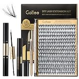 GOLLEE Wimpern Extensions Set Wimpern Cluster DIY Wimpern Extensions Kit Lash Kleber Entferner und Applikatoren für Wimpernverlängerungs-Anfänger D Curl Weiche Wimpern (0.07 D 9-16MM 20D)