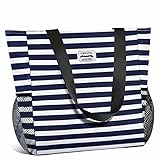 HOMESPON Große Wasserdichte Strandtasche mit Reißverschluss und Taschen für Damen (Blau-weiß gestreift)