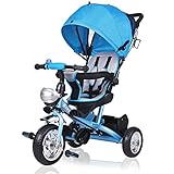 Spielwerk® Dreirad 4in1 mit Schubstange ab 1 Jahr Drehbarer Sitz Getränkehalter Sonnendach Kinderdreirad Fußablage Baby Buggy Laufrad Kleinkind Blau