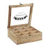 ToCi Teebox Holz Natur mit 9 Fächern – Rechteckige Teekiste mit Sichtfenster im Vintage-Look - Teedose zur Aufbewahrung von Teebeuteln, Gewürzen & Kleinteilen | 24 x 24 x 8,5 cm