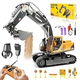 Charmofun 3-in-1 Ferngesteuerter Bagger, 2,4GHz RC Bagger Spielzeug mit DREI Metallköpfen, 680° Drehbarer Radlader mit Lichtern & Musik, Geschenk Ab 3-12 Jahre