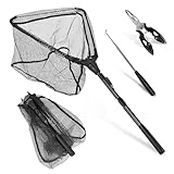 GZjiyu Kescher Angeln mit 1 Stück Angelzange 1 Stück Hakenlöser Angeln, 90cm Teleskop Kescher Gummiert, Forellen Kescher für Karpfen, Salmon, Bass, Catfish