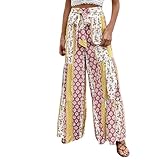 Palazzo Hosen Damen Blumendruck Sommerhose Lang für Sport Workout-Yogahose Leicht Weiche Lockere Bequem mit Groß Taschen elastischem Bund Sporthose High Waisted Freizeithose