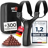 HITX® Zwille Steinschleuder Profi Bundle Set | Für Große Hände & Einfacher Clip-Technik | Slingshot Schleuder mit Gummiband Extra Stark | + 300 Tonkugeln | Bundle Set mit Ersatzgummi | Gamma