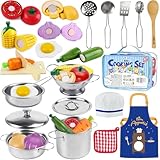 Airlab Kinderküche Spielküche Zubehör, Küchenzubehör Töpfe Holz & Edelstahl, Puppenküche Kochset, Holzspielzeug Kinder Küche Zubehör Töpfe mit Gemüse, Pädagogische Rollenspiele Geschenk für Kinder