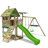 FATMOOSE Spielturm Klettergerüst JungleJumbo Joy mit Schaukel & apfelgrüner Rutsche, Outdoor Kinder Kletterturm mit Sandkasten Leiter & Spiel-Zubehör für den Garten