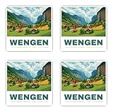 Laminierte Aufkleber: 75 mm, 4 Stück - Wengen Lauterbrunnen Switzerland Alpenpanorama Souvenir