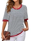 Actcat Gestreiftes Kurzarm-Sommershirt für Damen Streifen Bluse Damen Sommer Rundhals Kurzarm Tshirt Damen Damenblusen Casual Stricken Pullover Blue White M