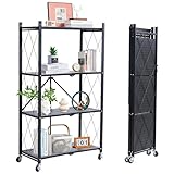 BRIAN & DANY Klappbares Regal mit Rollen, 4 Etagen Faltbare Schwerlastregal, Metallregal Schwarz, Lagerregal, Klappregal für die Küche, Büro, 71x 34x 126 cm